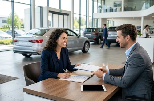 DriveWise lending specialist reviewing a car loan application with a client in a bright modern office